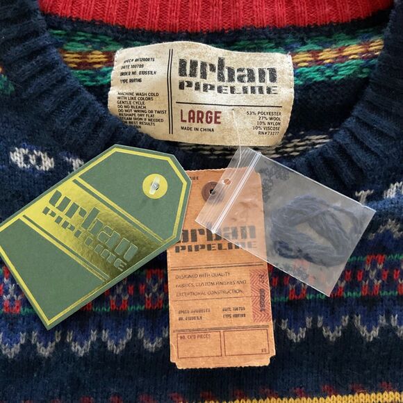 Urban Pipeline Fair Isle Wool Blend Sweater Mens L Crewneck Navy Y2K Retro Skate - Picture 5 of 10